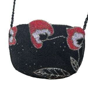 VTG Unbranded Floral Beaded Crossbody Bag Black Mini Evening Purse Y2K Glam